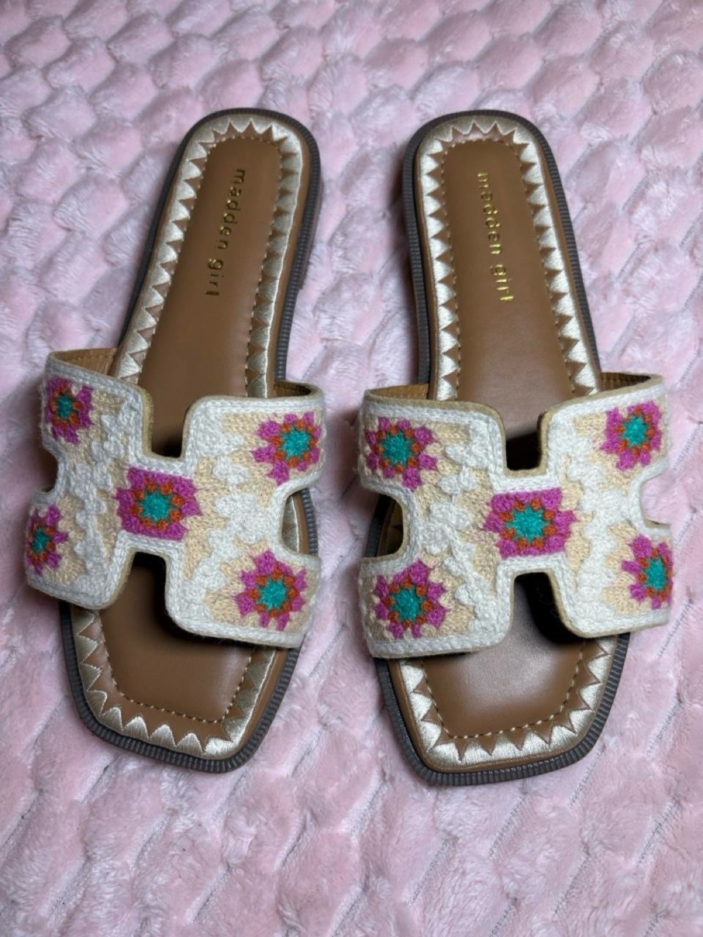 Madden Girl Cream Embroidered Slide Sandals